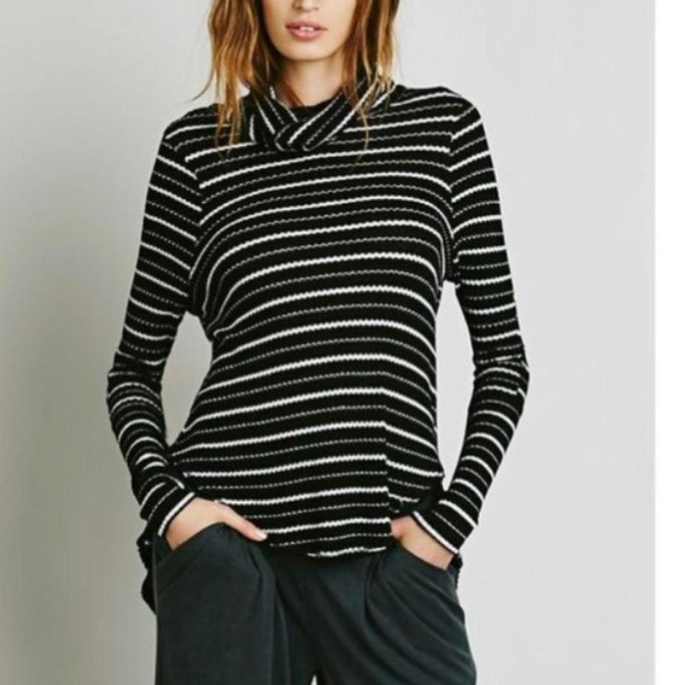 We The Free by Free People Drippy Thermal Cowl Neck Shirt Black White Stripes Xs